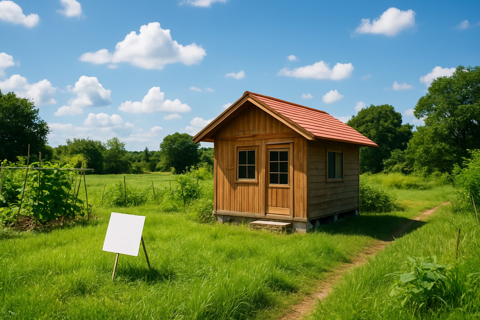 田舎の小さな小屋と緑の野原