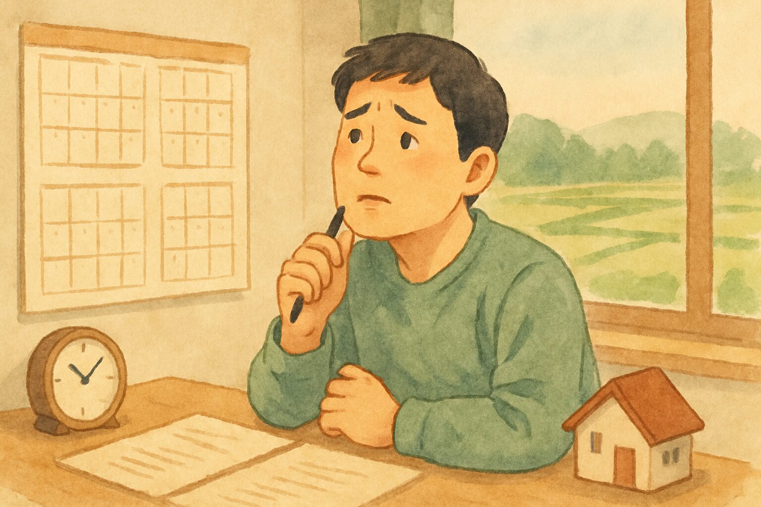 農地転用の期間 カレンダーで悩む男性