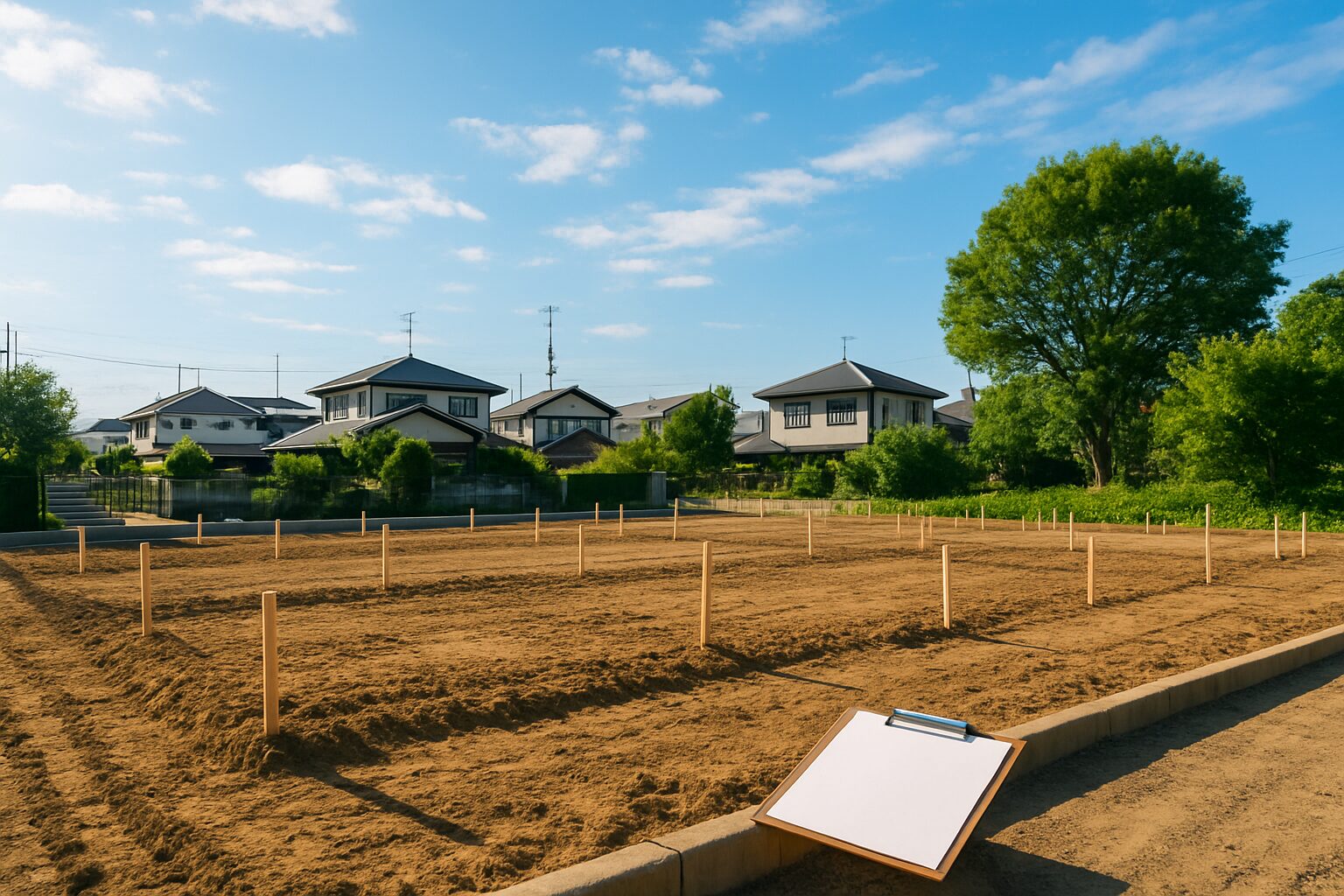 宅地開発地の整地と測量杭