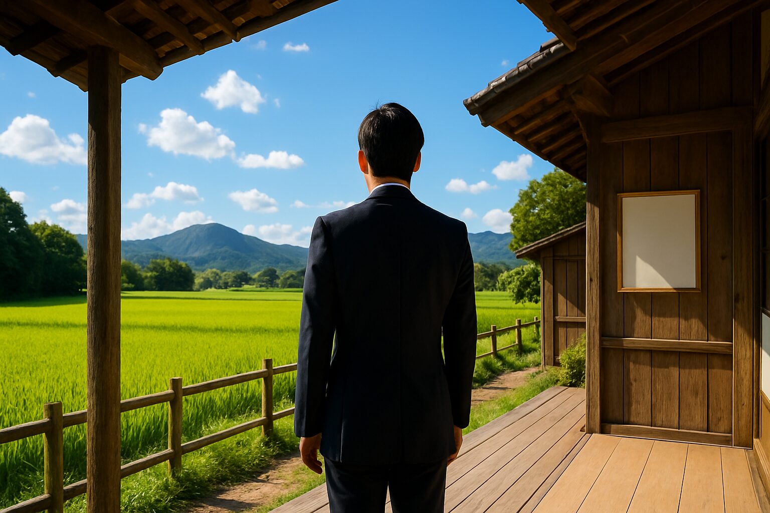 スーツ姿の男性が田舎の縁側で農地を眺める