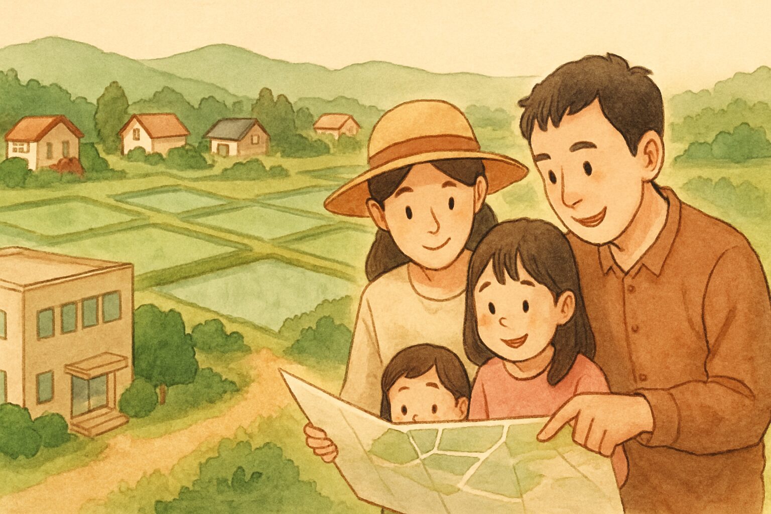 農地転用とは 日本の田園風景と家族が地図を見るアイキャッチ
