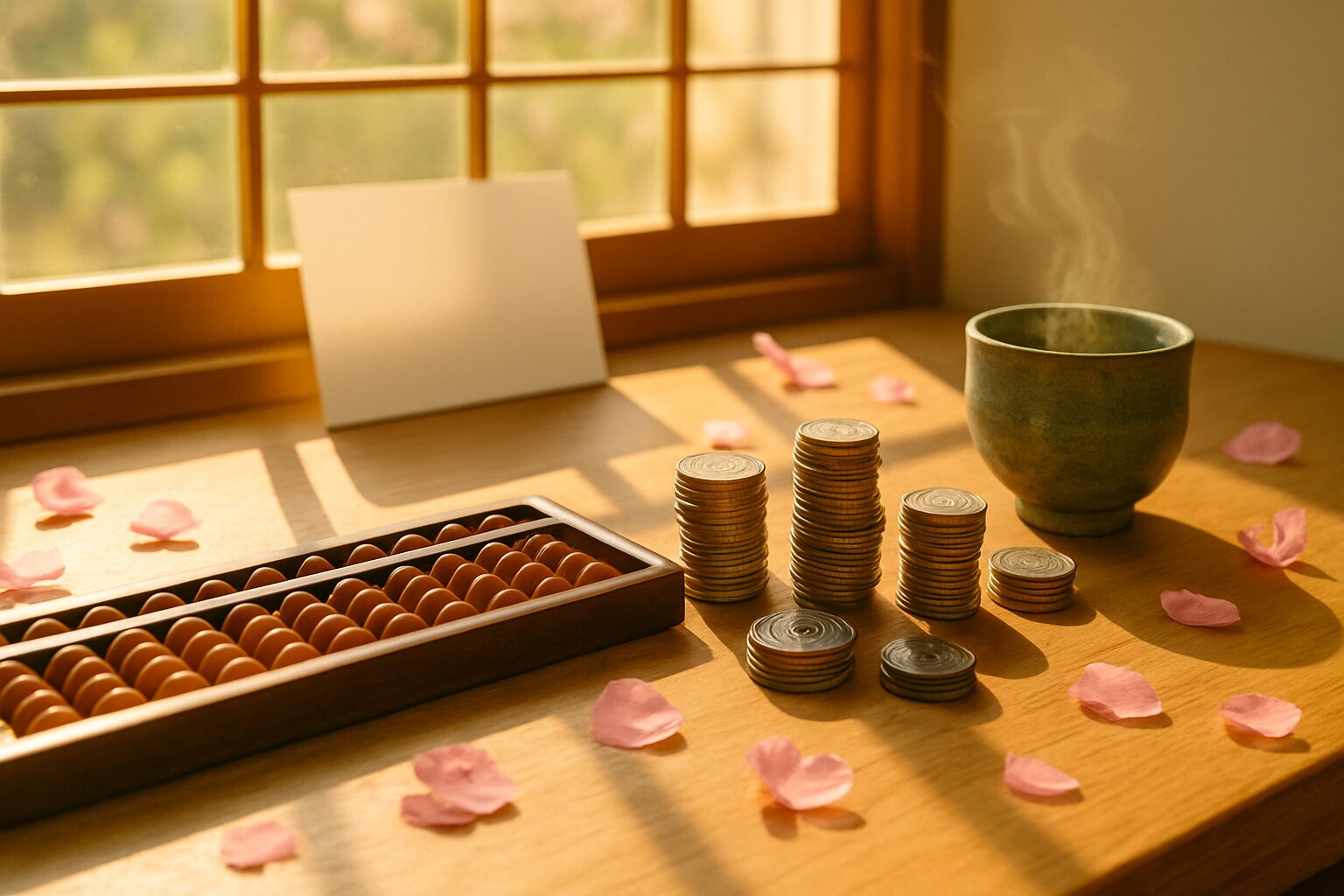 日本のそろばんと硬貨と桜の花びら 相続税の計算