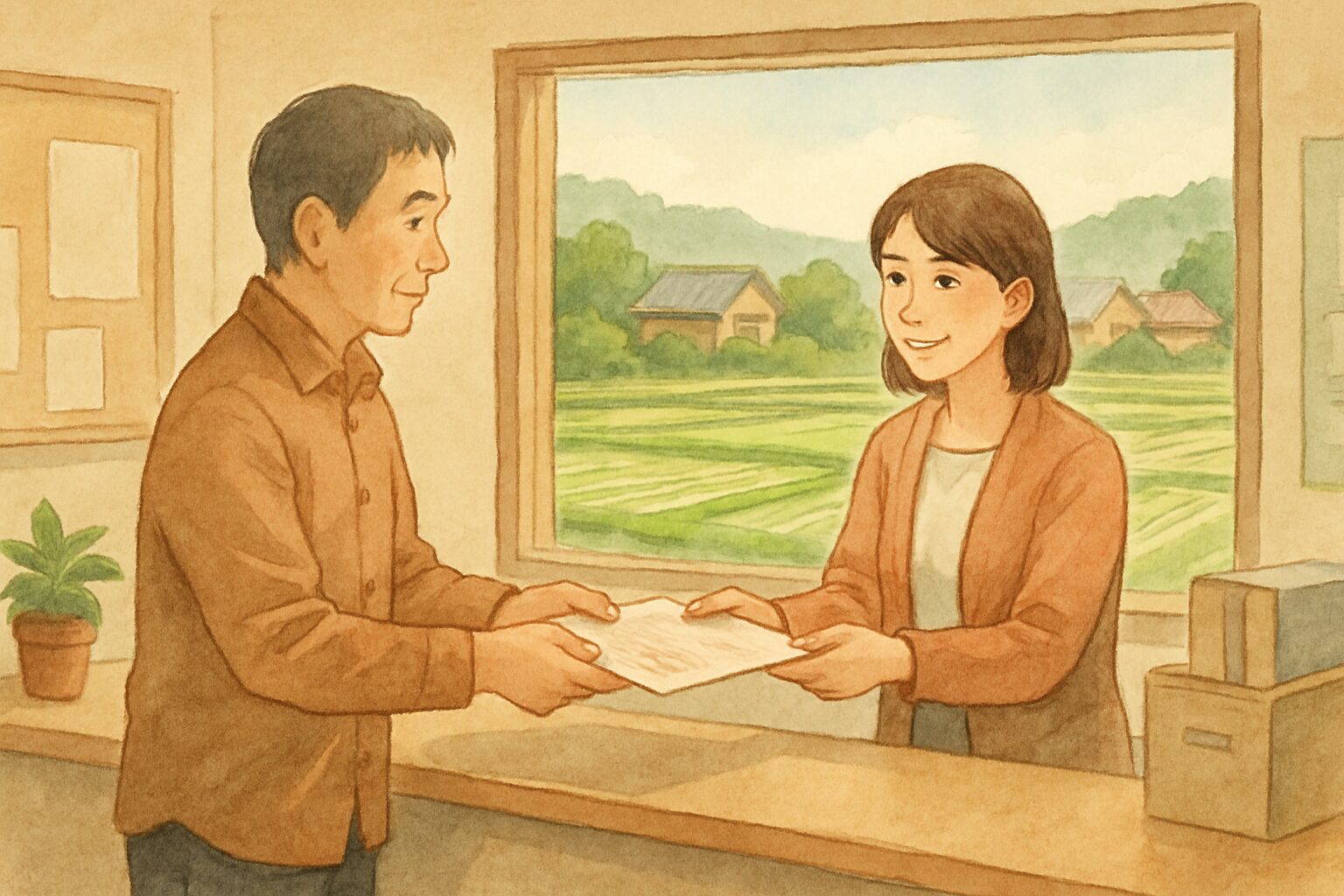 農地転用許可がおりない8つのケース 役所窓口で書類提出する男性