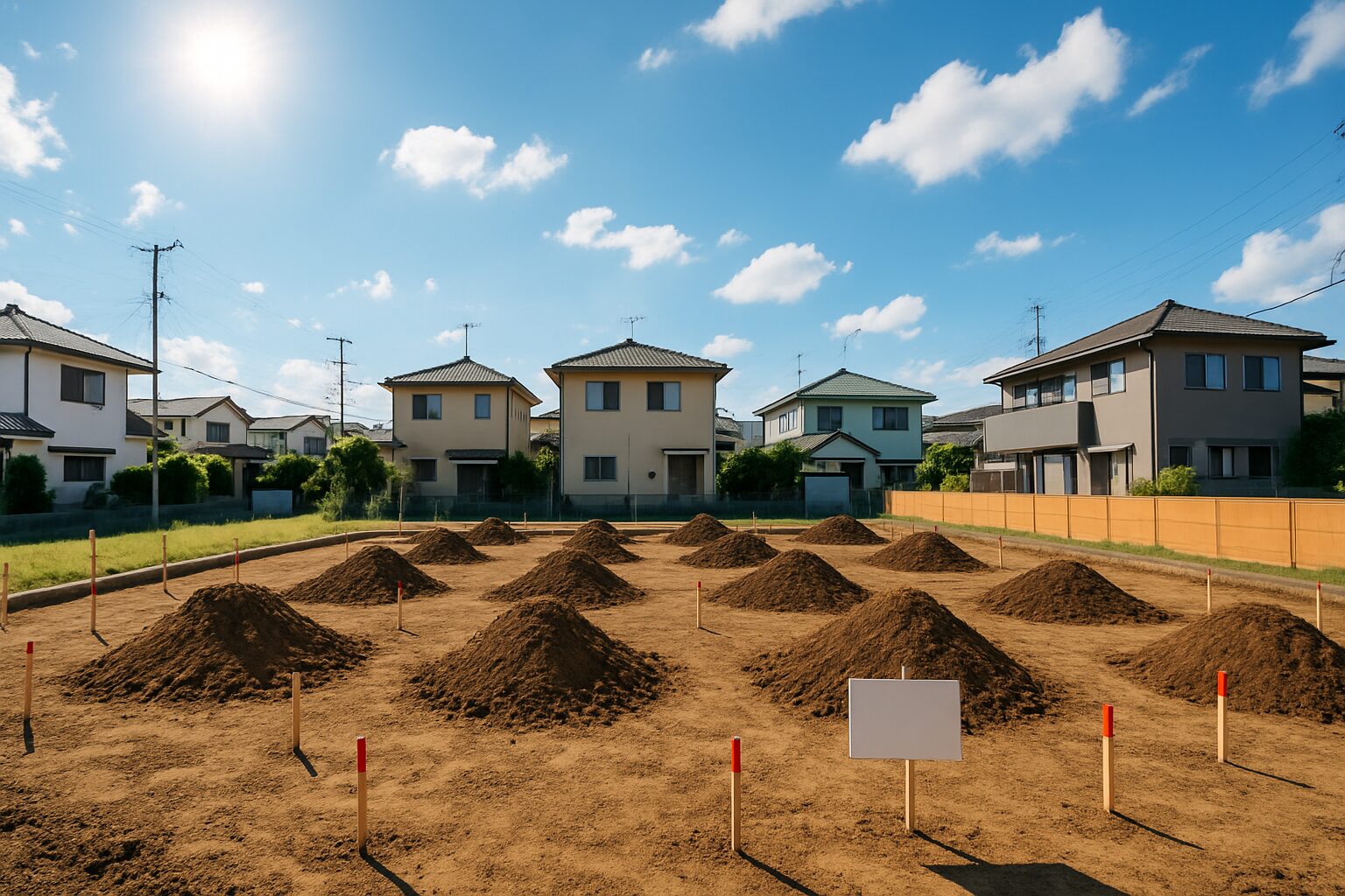 宅地造成中の整地と測量杭