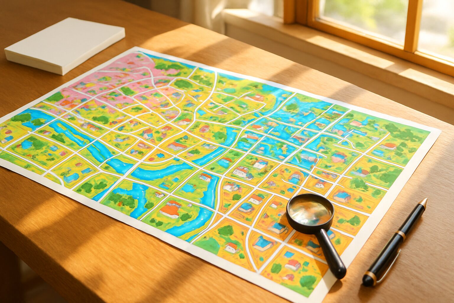 都市計画図と虫眼鏡