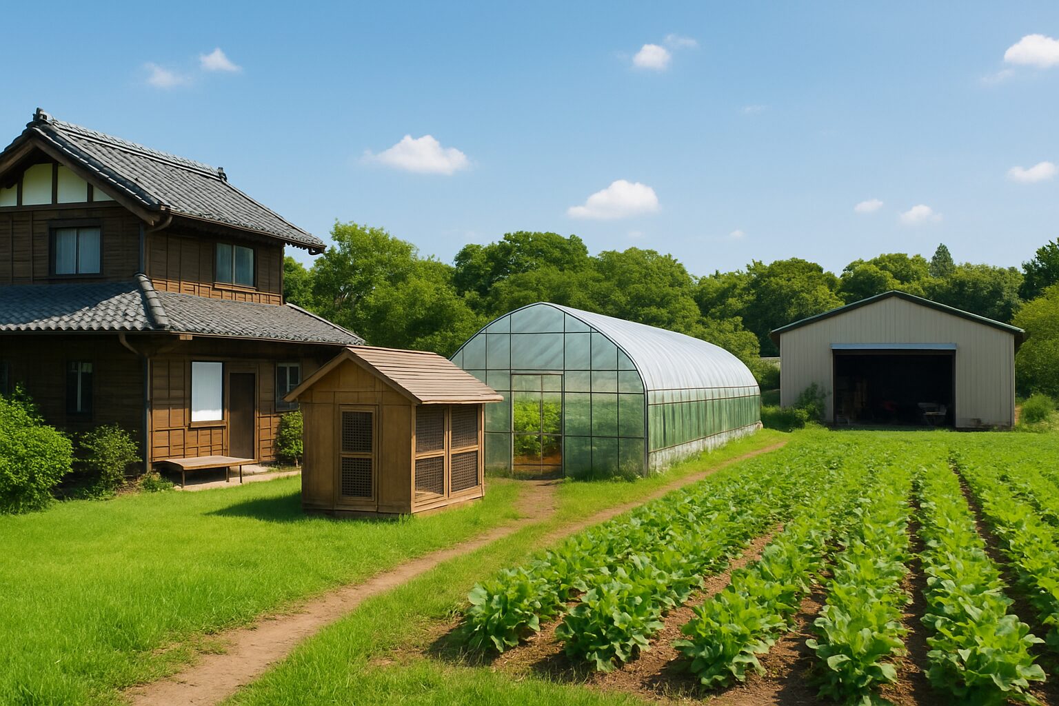 農家と納屋と温室