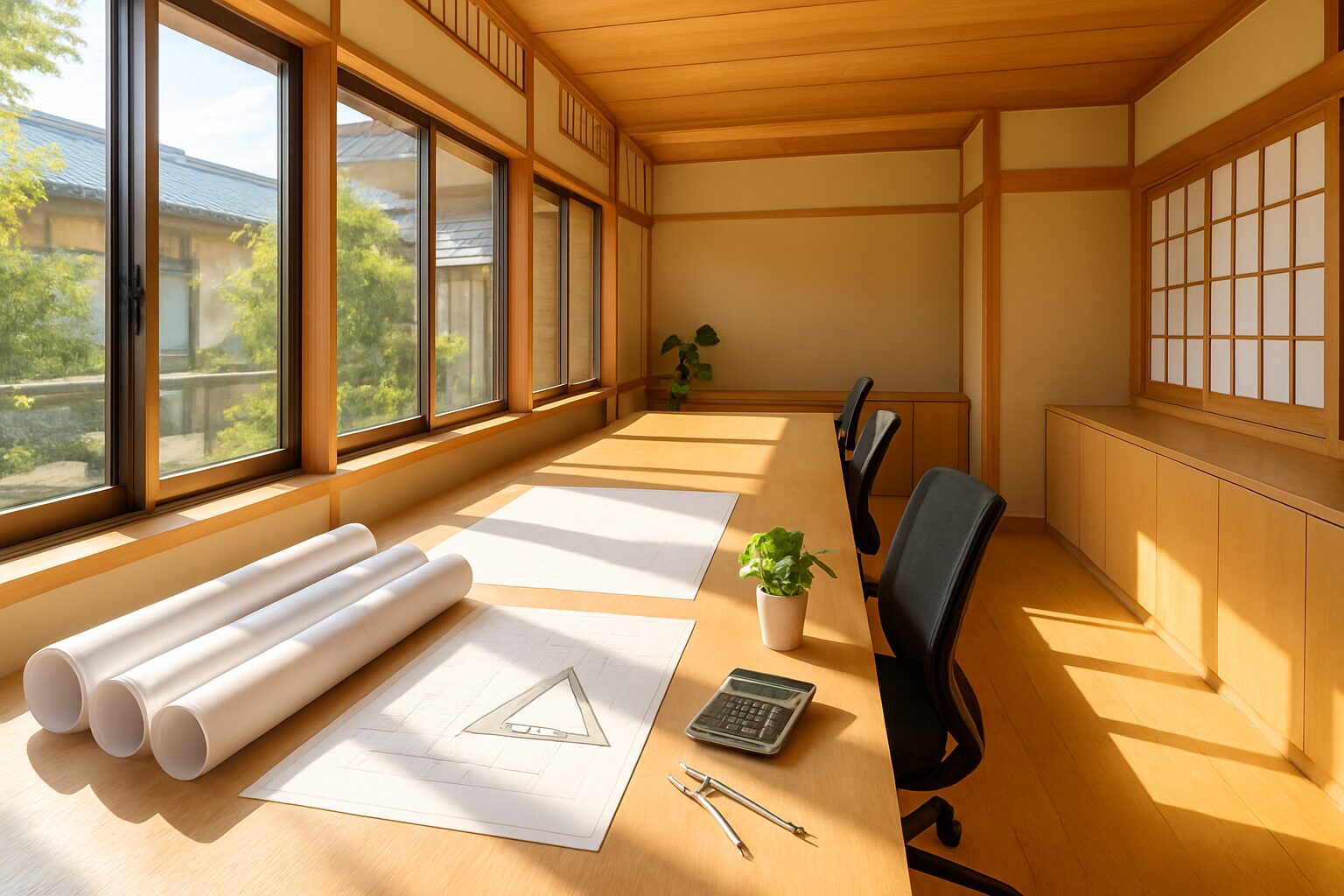 建築事務所の机と設計図