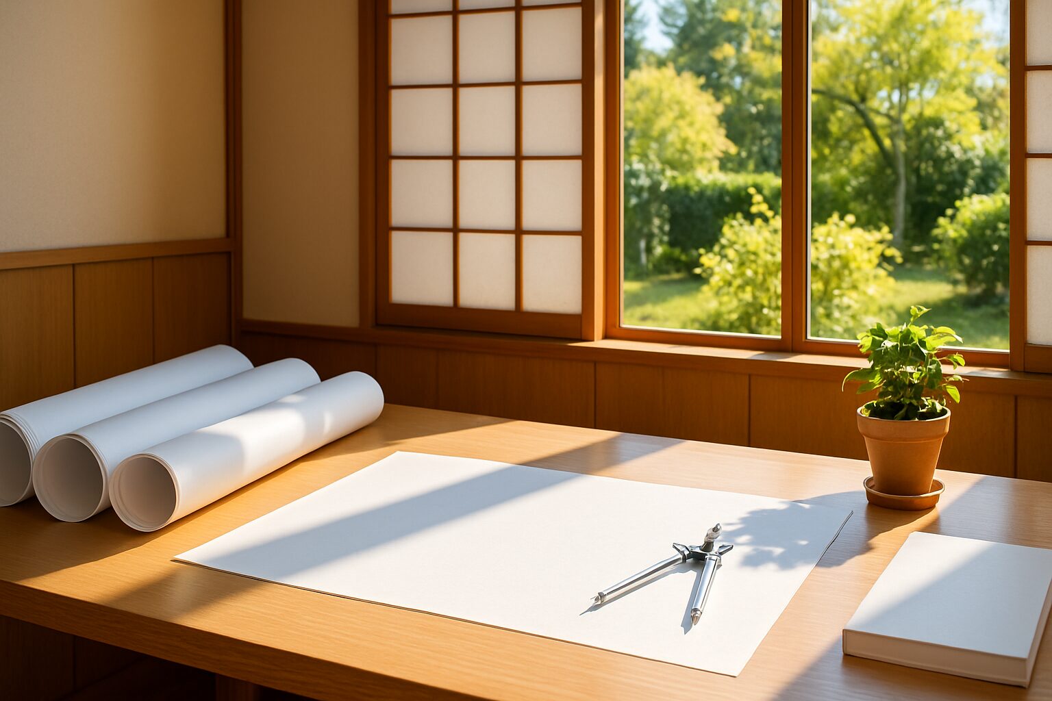 建築事務所の机と図面