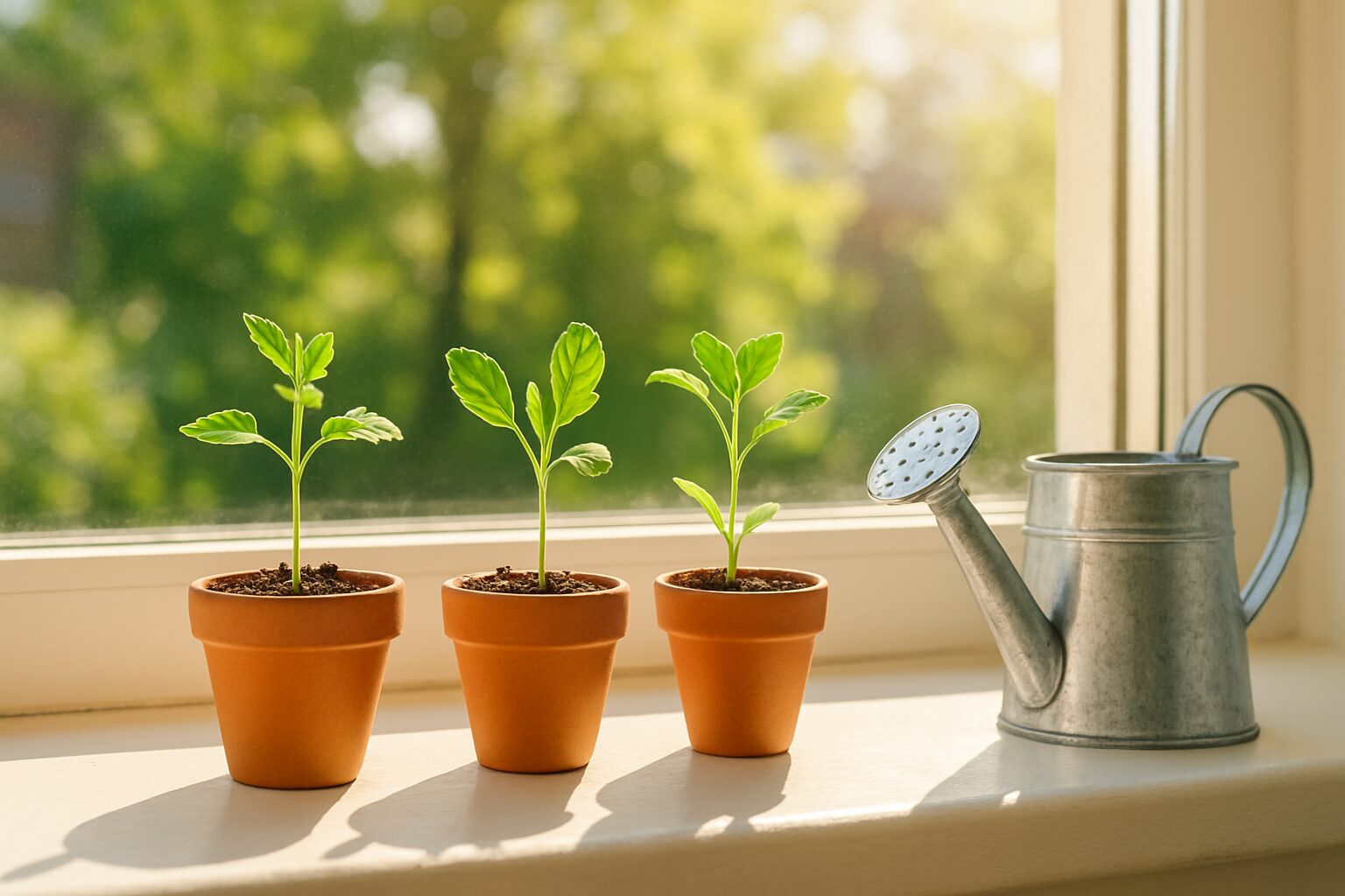 3つの植木鉢とジョウロ